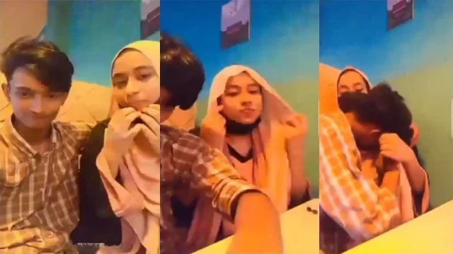 Restaurant Young Boy Enjoying With His Hijabi GF In